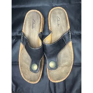 Clarks Women's Newcastle Black Leather Thong Slide Sandals Comfort Size 9